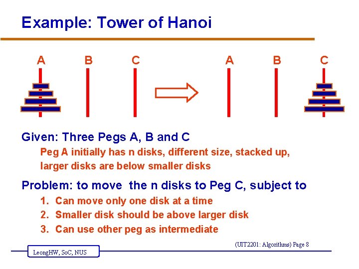 Example: Tower of Hanoi A B C A B Given: Three Pegs A, B