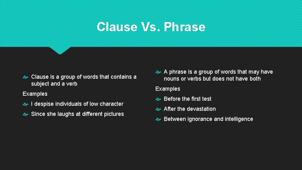 Clause Vs. Phrase Clause is a group of words that contains a subject and