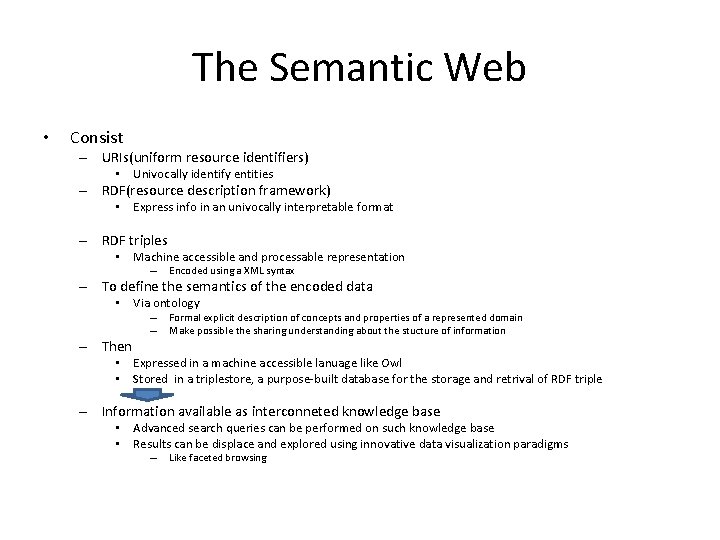 The Semantic Web • Consist – URIs(uniform resource identifiers) • Univocally identify entities –