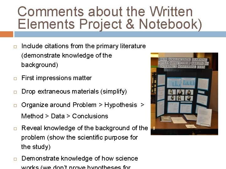 Comments about the Written Elements Project & Notebook) Include citations from the primary literature