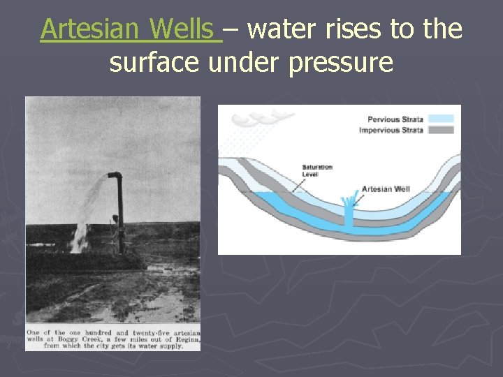 Artesian Wells – water rises to the surface under pressure 