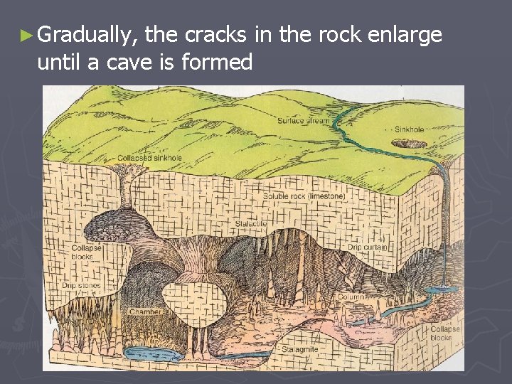 ► Gradually, the cracks in the rock enlarge until a cave is formed 