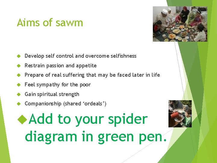 Aims of sawm Develop self control and overcome selfishness Restrain passion and appetite Prepare