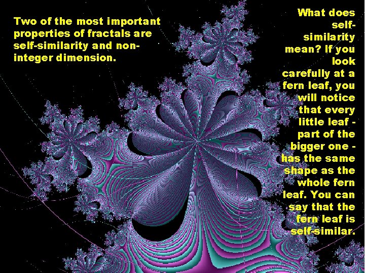 Two of the most important properties of fractals are self-similarity and noninteger dimension. What