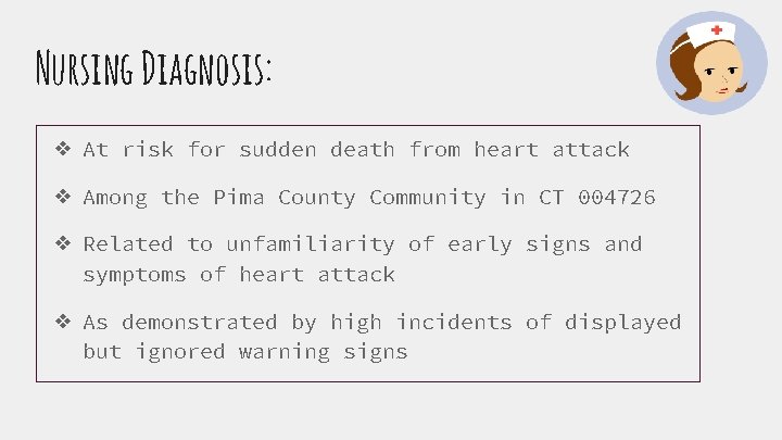 Nursing Diagnosis: ❖ At risk for sudden death from heart attack ❖ Among the