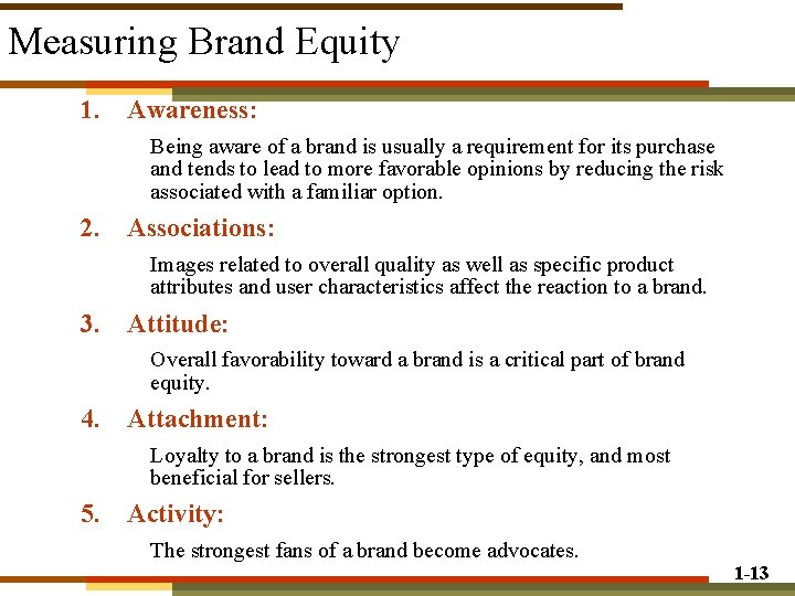Measuring Brand Equity 1. Awareness: Being aware of a brand is usually a requirement Measuring Brand Equity 1. Awareness: Being aware of a brand is usually a requirement