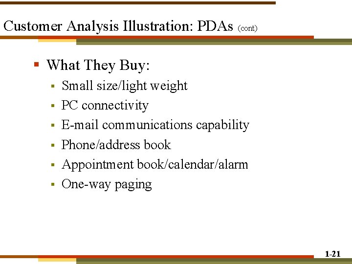 Customer Analysis Illustration: PDAs (cont) § What They Buy: § § § Small size/light Customer Analysis Illustration: PDAs (cont) § What They Buy: § § § Small size/light