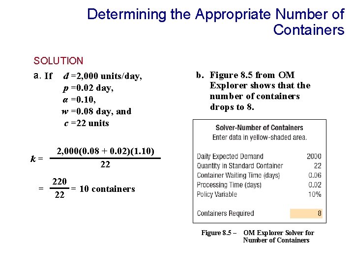 Determining the Appropriate Number of Containers SOLUTION a. If d =2, 000 units/day, p