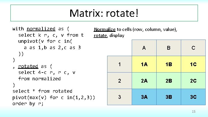 Matrix: rotate! with normalized as ( Normalize to cells (row, column, value), select k