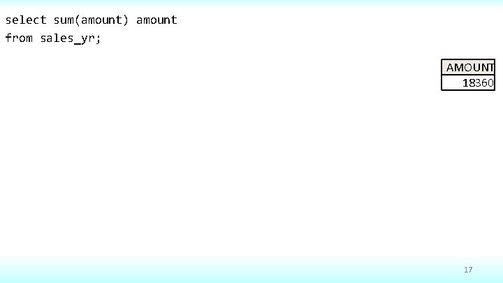 select sum(amount) amount from sales_yr; AMOUNT 18360 17 