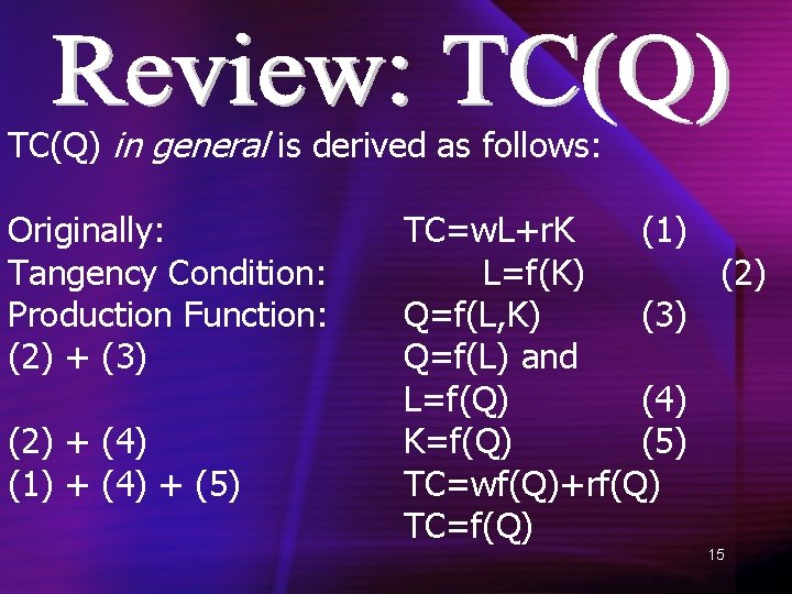 TC(Q) in general is derived as follows: Originally: Tangency Condition: Production Function: (2) +