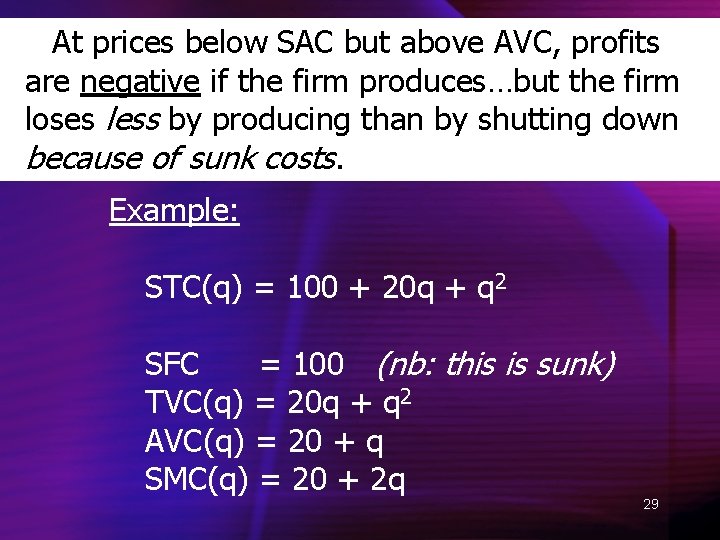 At prices below SAC but above AVC, profits are negative if the firm produces…but