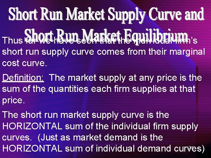 Thus far we have seen that the individual firm’s short run supply curve comes