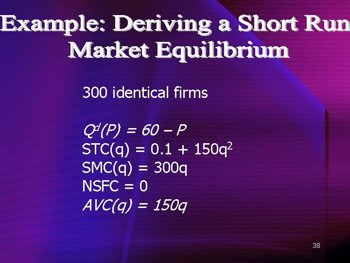 300 identical firms Qd(P) = 60 – P STC(q) = 0. 1 + 150