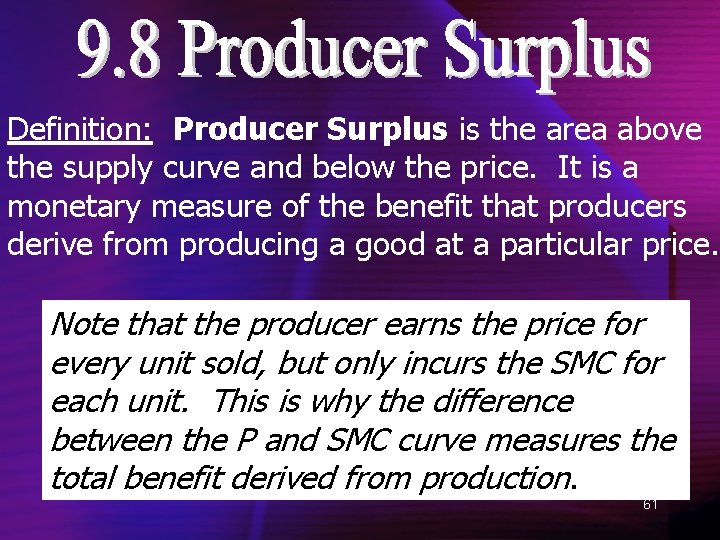 Definition: Producer Surplus is the area above the supply curve and below the price.