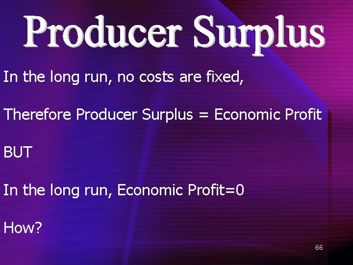 In the long run, no costs are fixed, Therefore Producer Surplus = Economic Profit