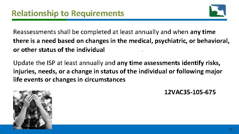 Relationship to Requirements Reassessments shall be completed at least annually and when any time Relationship to Requirements Reassessments shall be completed at least annually and when any time