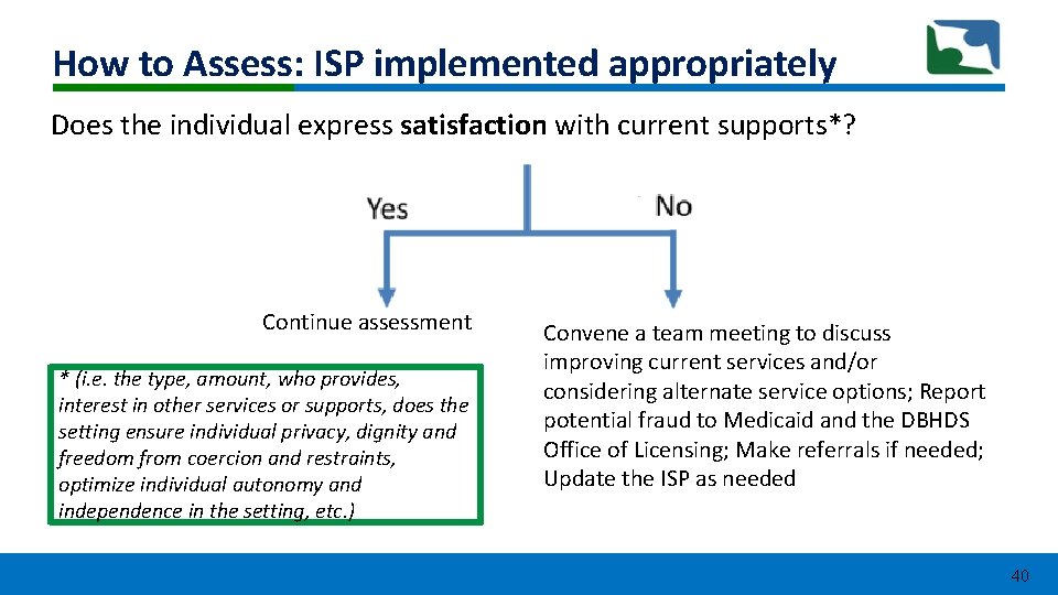 How to Assess: ISP implemented appropriately Does the individual express satisfaction with current supports*? How to Assess: ISP implemented appropriately Does the individual express satisfaction with current supports*?