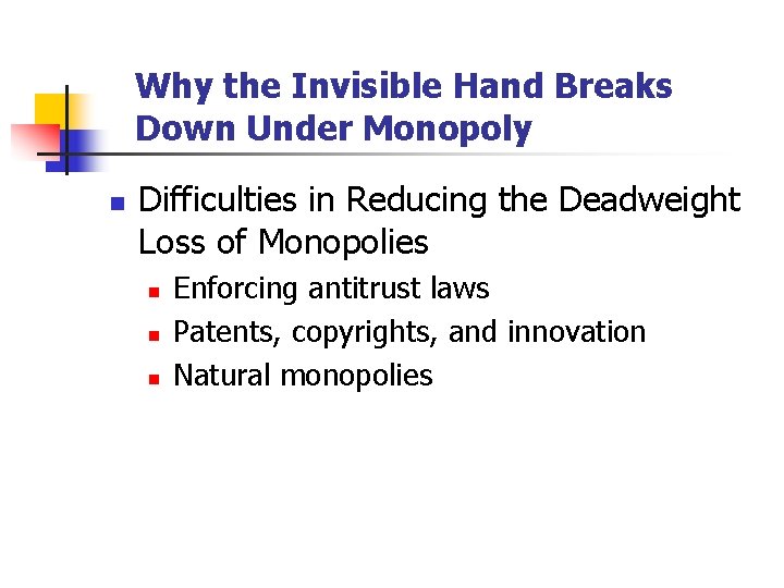 Why the Invisible Hand Breaks Down Under Monopoly n Difficulties in Reducing the Deadweight