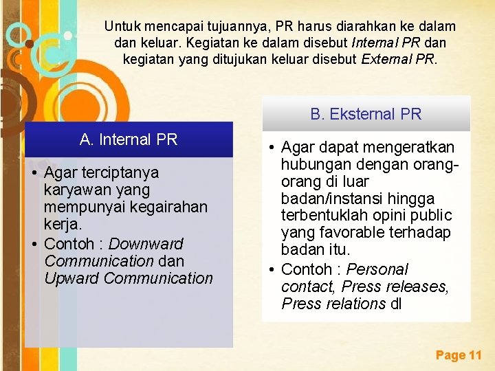 Untuk mencapai tujuannya, PR harus diarahkan ke dalam dan keluar. Kegiatan ke dalam disebut