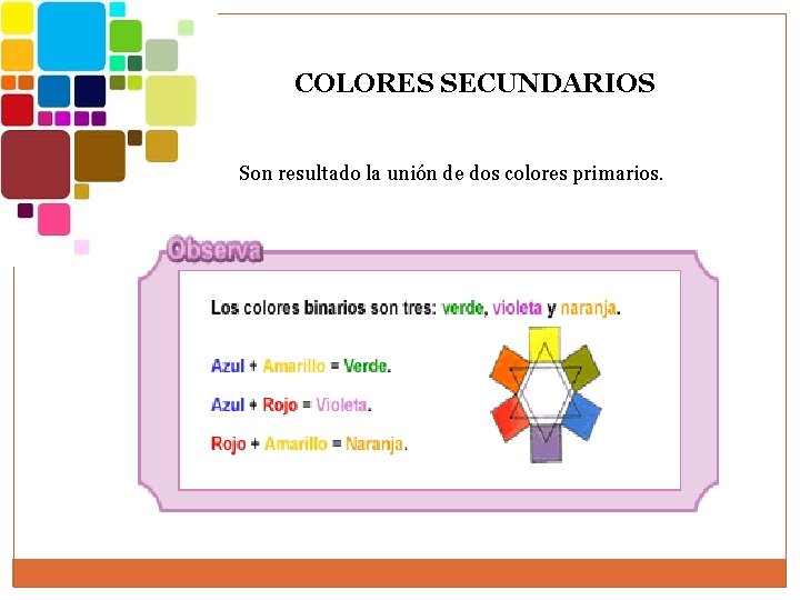 COLORES SECUNDARIOS Son resultado la unión de dos colores primarios. COLORES SECUNDARIOS Son resultado la unión de dos colores primarios.