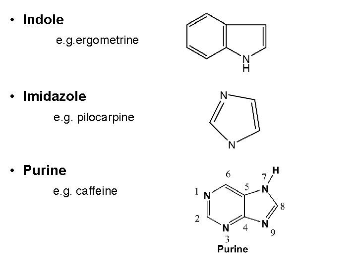  • Indole e. g. ergometrine • Imidazole e. g. pilocarpine • Purine e.