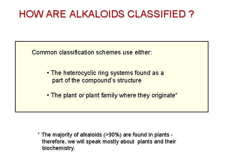 HOW ARE ALKALOIDS CLASSIFIED ? Common classification schemes use either: • The heterocyclic ring