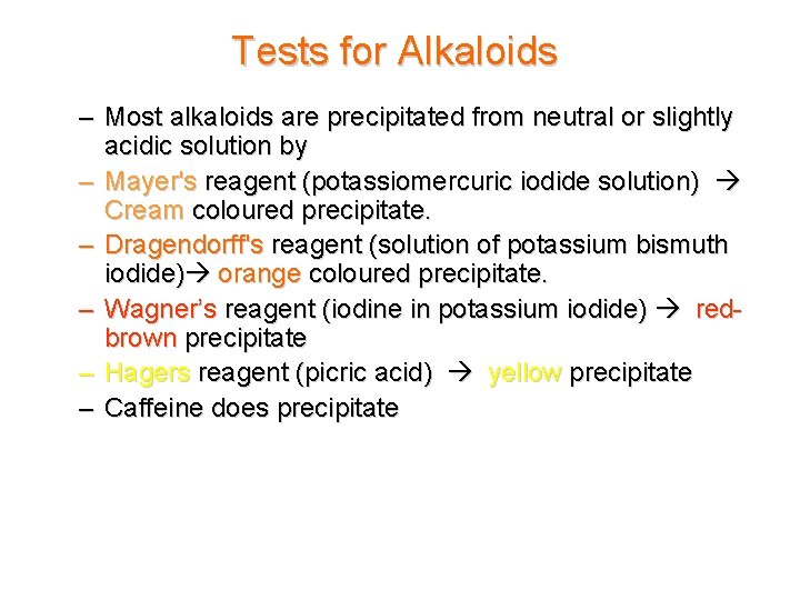 Tests for Alkaloids – Most alkaloids are precipitated from neutral or slightly acidic solution