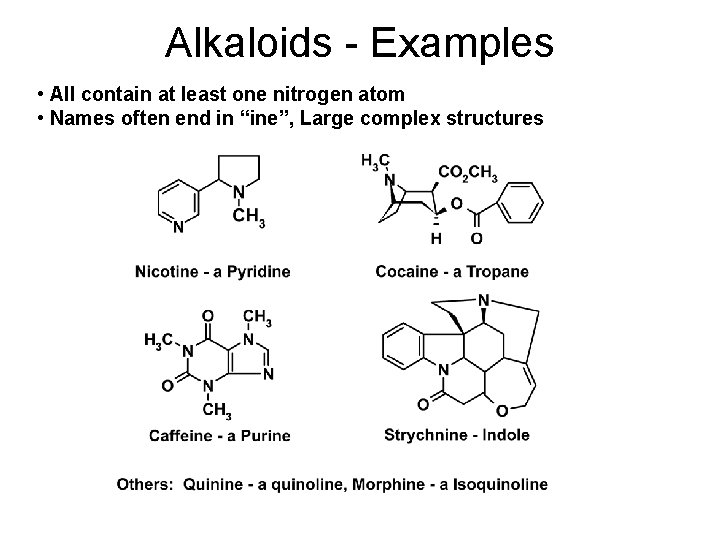 Alkaloids - Examples • All contain at least one nitrogen atom • Names often