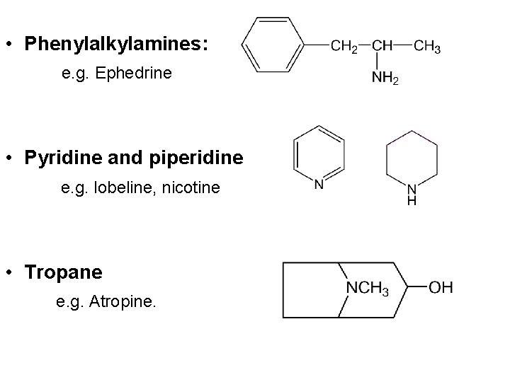  • Phenylalkylamines: e. g. Ephedrine • Pyridine and piperidine e. g. lobeline, nicotine