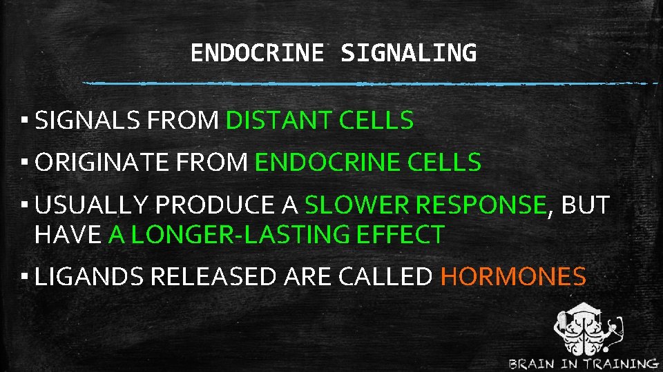 ENDOCRINE SIGNALING ▪ SIGNALS FROM DISTANT CELLS ▪ ORIGINATE FROM ENDOCRINE CELLS ▪ USUALLY