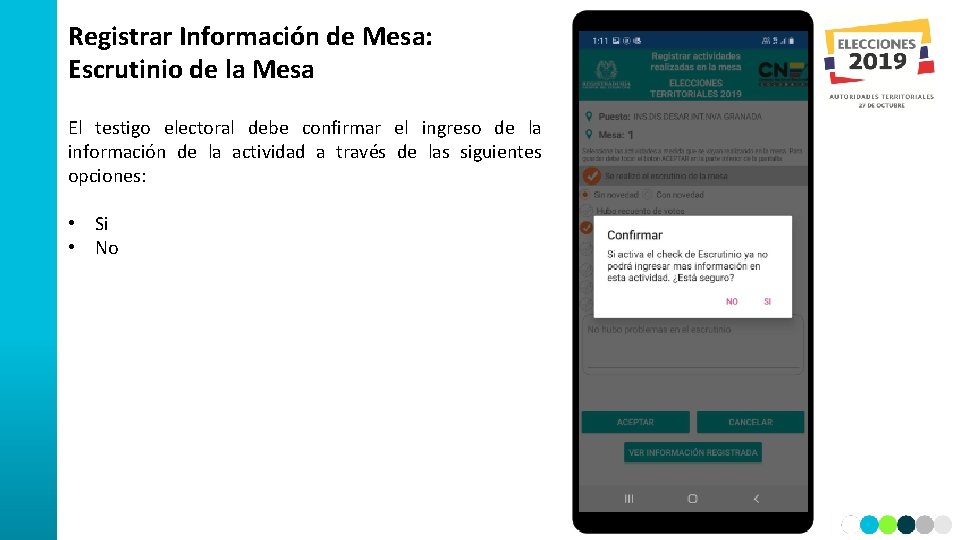 Registrar Información de Mesa: Escrutinio de la Mesa El testigo electoral debe confirmar el