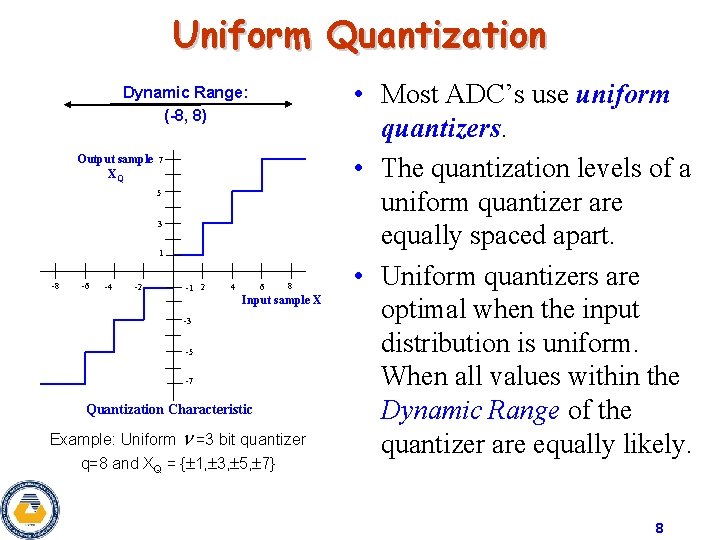 Uniform Quantization Dynamic Range: (-8, 8) Output sample XQ 7 5 3 1 -8 Uniform Quantization Dynamic Range: (-8, 8) Output sample XQ 7 5 3 1 -8