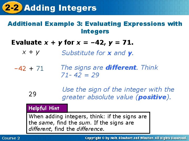 2 -2 Adding Integers Additional Example 3: Evaluating Expressions with Integers Evaluate x +