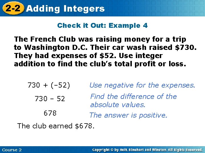 2 -2 Adding Insert Lesson Title Here Integers Check it Out: Example 4 The