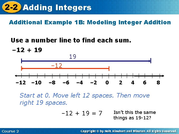 2 -2 Adding Integers Additional Example 1 B: Modeling Integer Addition Use a number