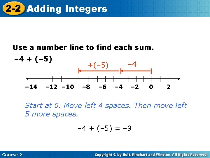 2 -2 Adding Insert Lesson Title Here Integers Use a number line to find