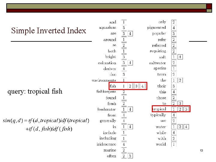 Simple Inverted Index query: tropical fish 13 