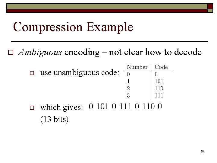 Compression Example o Ambiguous encoding – not clear how to decode o use unambiguous