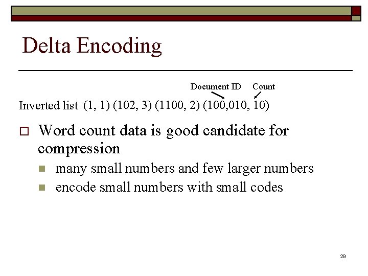 Delta Encoding Document ID Count Inverted list (1, 1) (102, 3) (1100, 2) (100,