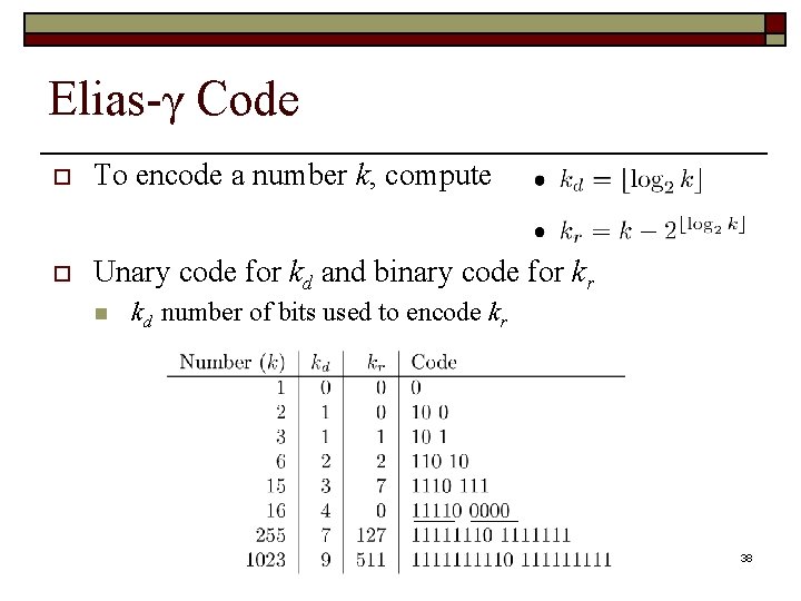 Elias-γ Code o To encode a number k, compute o Unary code for kd