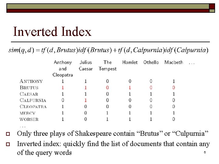 Inverted Index o o Only three plays of Shakespeare contain “Brutus” or “Culpurnia” Inverted