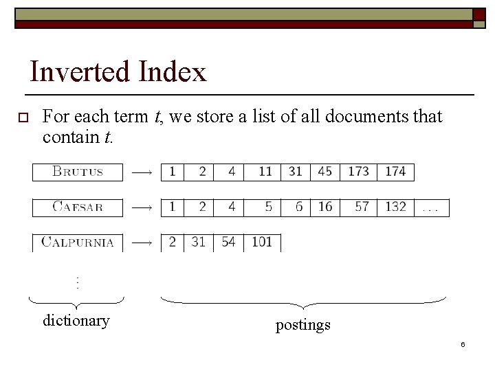 Inverted Index o For each term t, we store a list of all documents