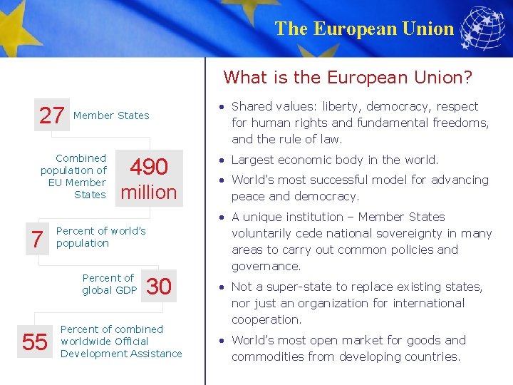 The European Union What is the European Union? 27 Member States Combined population of