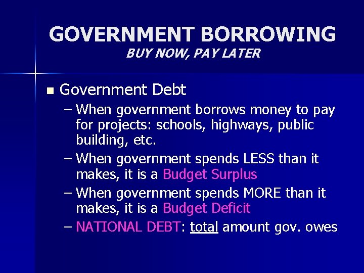 GOVERNMENT BORROWING BUY NOW, PAY LATER n Government Debt – When government borrows money