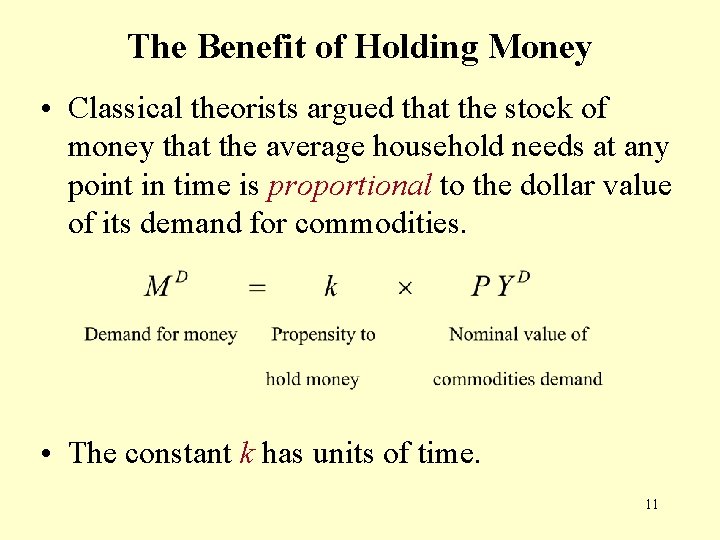 The Benefit of Holding Money • Classical theorists argued that the stock of money The Benefit of Holding Money • Classical theorists argued that the stock of money