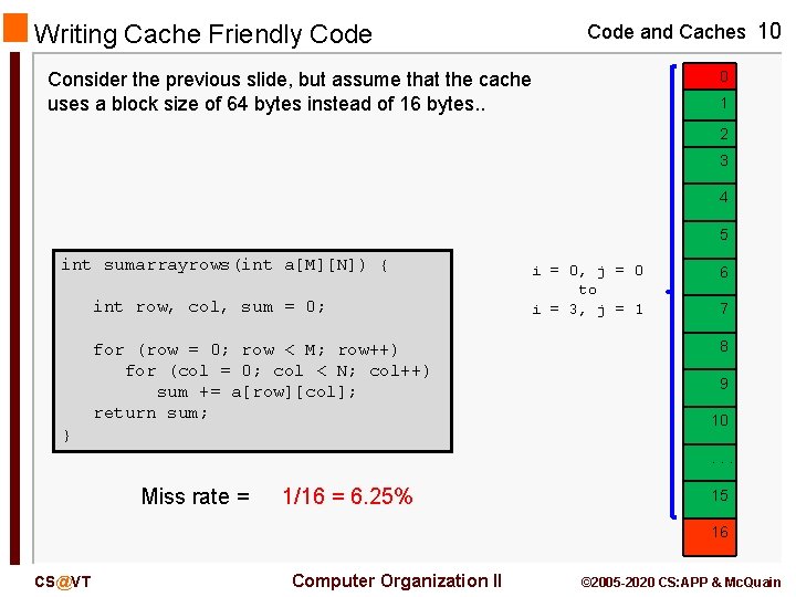 Writing Cache Friendly Code and Caches 10 0 Consider the previous slide, but assume