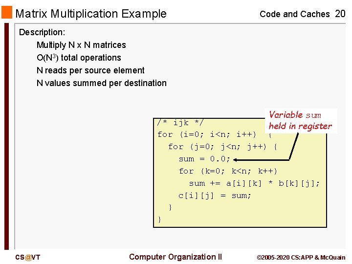 Matrix Multiplication Example Code and Caches 20 Description: Multiply N x N matrices O(N