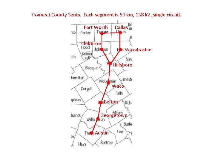 Connect County Seats. Each segment is 50 km, 138 k. V, single circuit. Fort