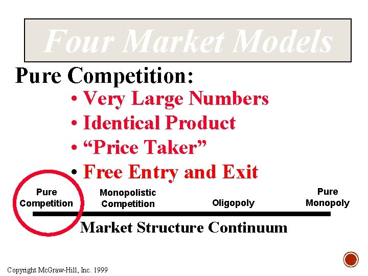 Four Market Models Pure Competition: • Very Large Numbers • Identical Product • “Price